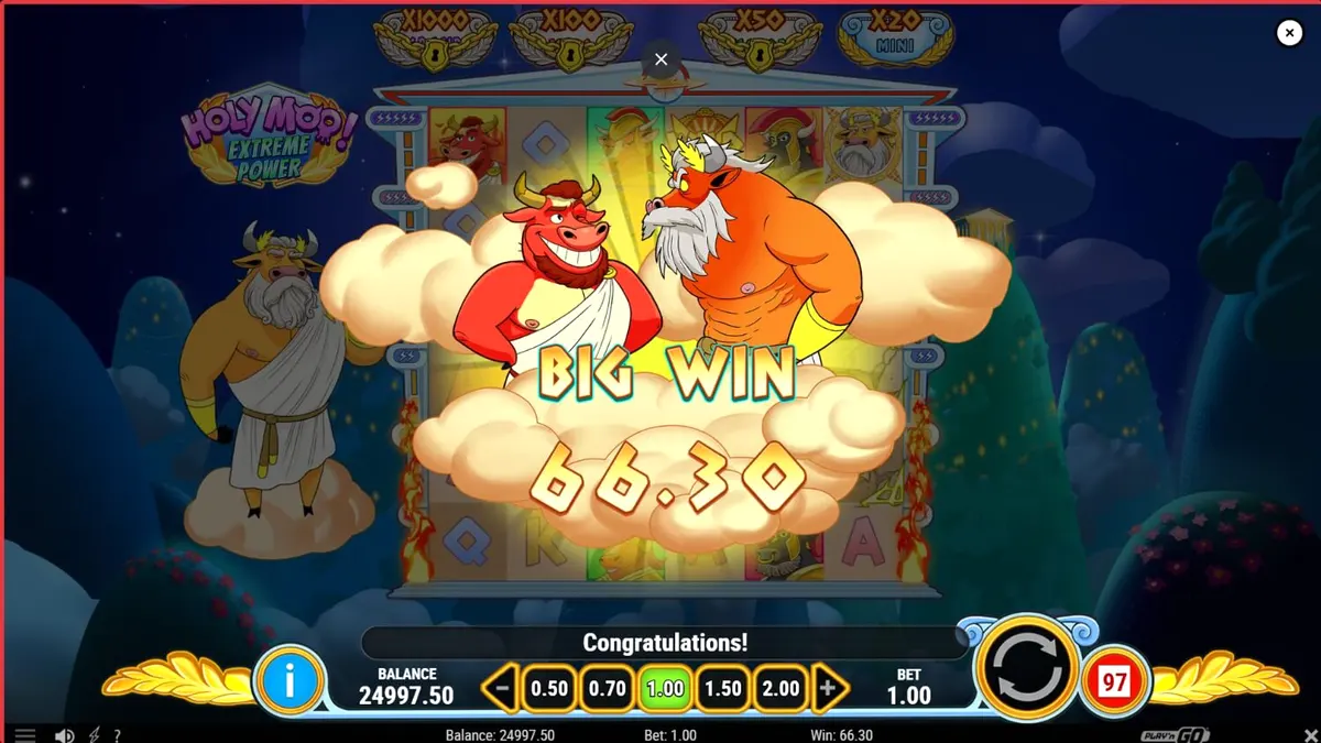 Holy Moo! Extreme Power slot game screen with cartoon cow gods