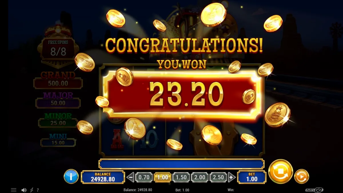 Tampilan visual slot Track’n Gold dengan tema kereta api uap dan latar belakang gurun.