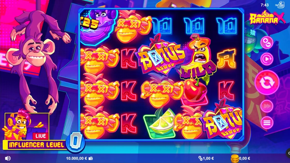 Tampilan layar seluler permainan slot Banana X dengan tema neon dan buah-buahan