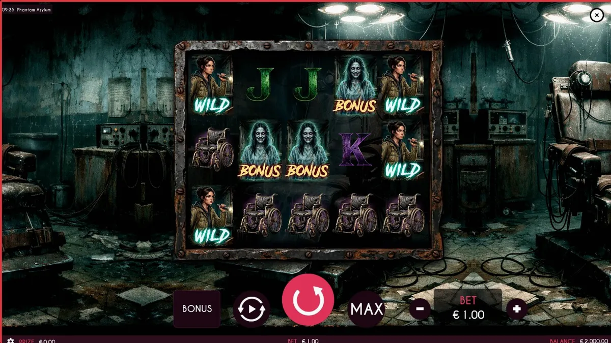 Tampilan layar utama slot Phantom Asylum dengan tema horor rumah sakit jiwa yang mencekam